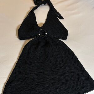 Beginning Boutique Black Crochet Halter Dress